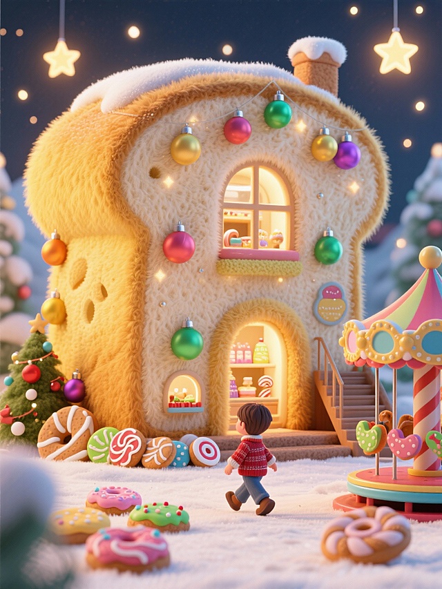 巨型面包房子散着暖暖的光 有对外开放的橱窗 圣诞彩球 星星 旋转木马 小楼梯 带着各种糖果饼干的小男孩朝面包房子走去