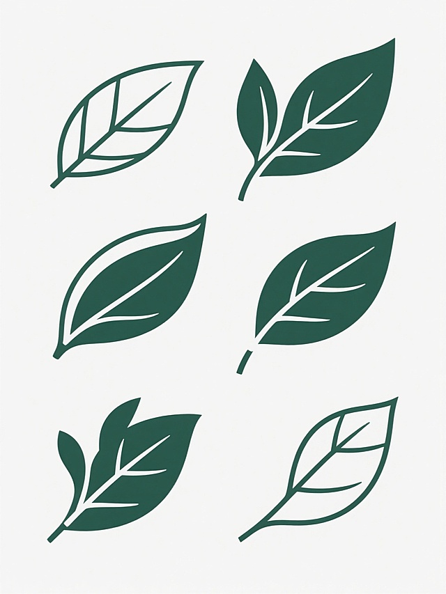 纯白色背景上，六个造型各异、角度不同的简约线条风格茶叶图案以两行三列的规整网格状排布，每个叶片均由流畅、纤细的深绿色轮廓线条勾勒而成，部分叶片内部填充均匀的深绿色色块，部分则仅为线条勾勒的空心形态，叶片形态包括单叶、对称双叶、带叶柄的弯曲叶片等多种自然变体，整体呈现出简洁、现代、统一的设计感，视觉层级清晰，信息传达直接高效，符合简约装饰图案的设计美学。