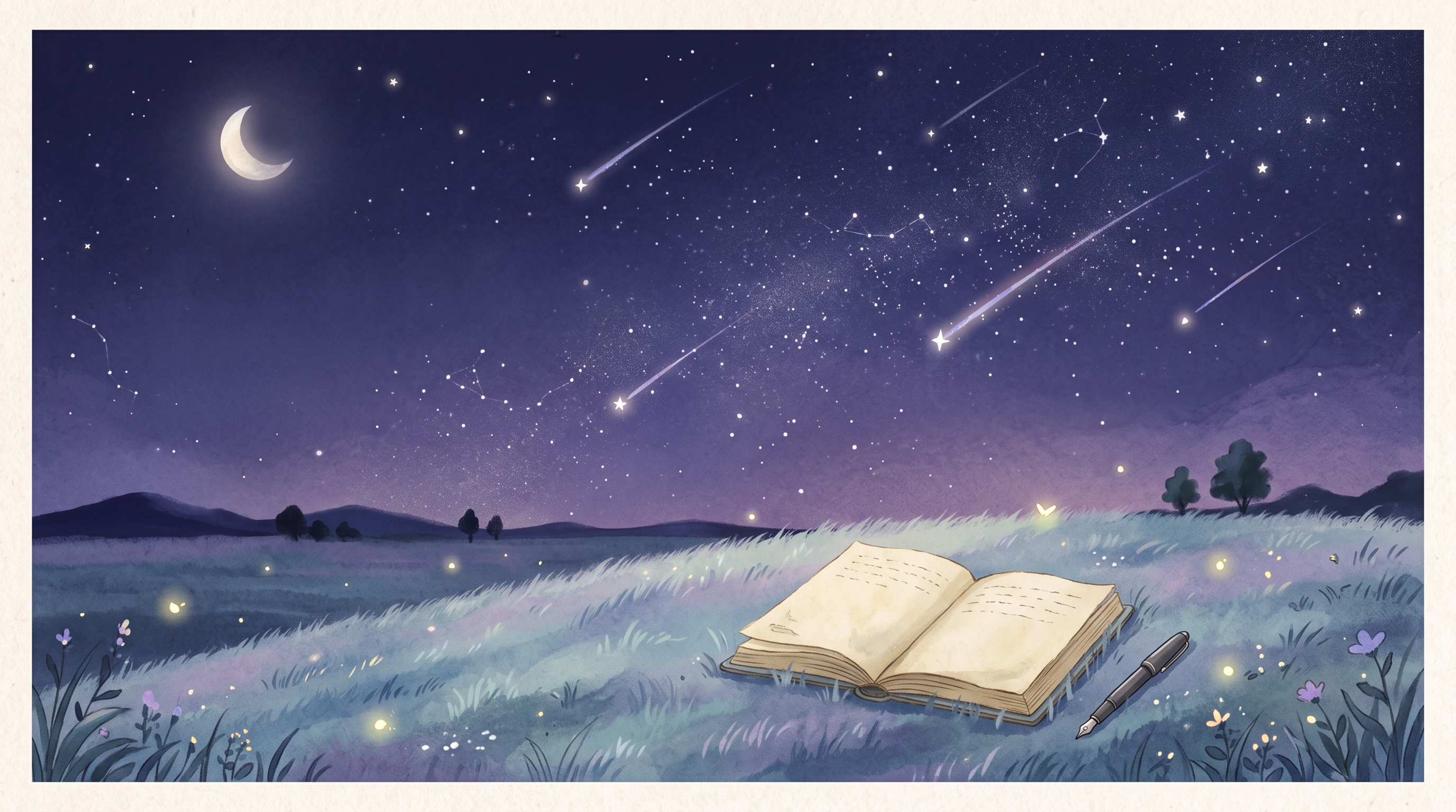 为散文集《星空下的治愈手记》设计封面，采用清新治愈的简约插画风… - 图片创意预览