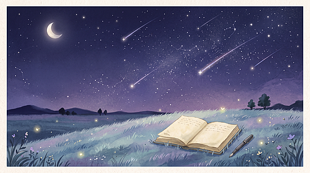 为散文集《星空下的治愈手记》设计封面，采用清新治愈的简约插画风。画面以低饱和度的蓝紫色调为主，营造宁静的夜晚氛围。构图为横版 16:9，画面下方是一片柔软的草地，草地上摊开着一本复古笔记本，旁边放着一支笔。上方是璀璨的星空，有几颗流星划过。整体画面简洁、干净，充满治愈感和想象力，为书名留出合适的排版空间。