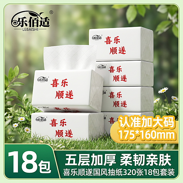 1:1正方形电商主图，8K超高清商业摄影，清新森系油画风，完整复刻参考图的6包错落阶梯式堆纸布局，产品替换为喜乐顺遂款乐佰适抽纸，产品主体：画面六包乐佰适抽纸高低阶梯错落堆叠，场景环境：浅淡虚化青草雏菊绿植背景，柔和通透自然光，简约高级居家氛围感，画面整体包裹一层浅青绿色细边框。版面文字与标识：左上角替换黑色「乐佰适 LEBAISHI」品牌标识；画面右侧黄色气泡标签：认准加大码 175*160mm；左下角深绿异形区块：超大加粗白色数字「18包」；底部通栏深绿横幅白色加粗核心卖点：五层加厚 柔韧亲肤，喜乐顺遂国风抽纸320张18包套装。整体色调干净清爽，突出加大尺寸、五层厚实、18包便携囤货卖点，适配抖音、淘宝家用抽纸引流主图，缩小后包装文字、品牌logo、纸巾压花细节完整清晰。