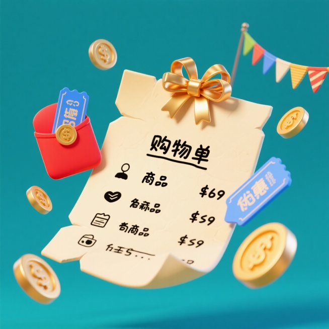 一个购物单，周围是钱币符号、红包、优惠券等促销元素装饰，撞色预览效果