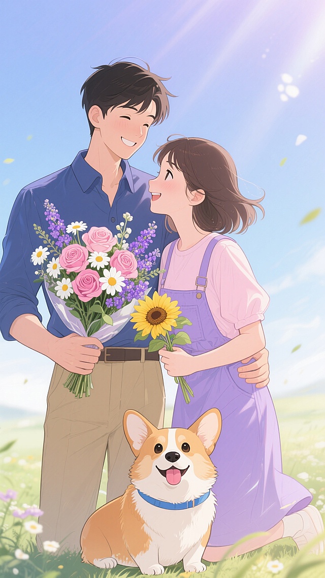 二次元动漫风格插画，整体采用清新明快的蓝紫色调，柔和的侧逆光效果，画面明亮通透，温暖治愈的氛围。一对年轻情侣与一只柯基犬的温馨场景，女孩穿着淡紫色背带裙搭配浅粉色上衣，男孩穿着深蓝色休闲衬衫和卡其色裤子，两人依偎在一起，男孩从身后温柔地环抱住女孩的腰，女孩微微侧头与男孩相视而笑，脸上带着羞涩甜蜜的表情。男孩手中捧着一束由粉色玫瑰、白色雏菊和紫色勿忘我组成的花束，女孩手中拿着一小束黄色向日葵。柯基犬蹲坐在两人前方，吐着舌头，脖子上戴着蓝色项圈，眼神灵动可爱。平滑的色块过渡，简洁的线条勾勒，人物表情生动自然，光影层次分明，营造出浪漫美好的春日情侣日常。