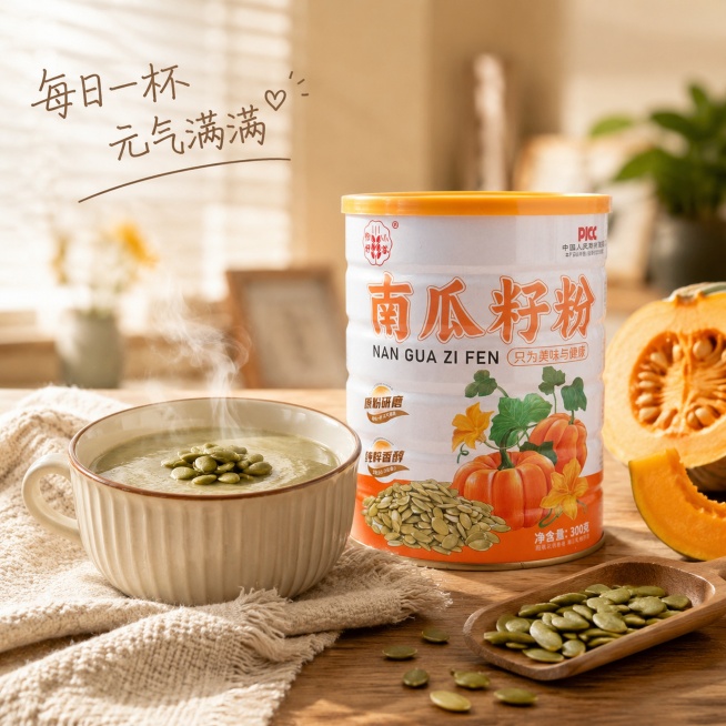 「图片1」「图片1」「图片1」参考产品图生成电商主图（5张），商品名称是：南瓜籽粉，卖点是：原粉研磨，中国人民保险承保，植物蛋白丰富，纯南瓜籽无添加，原粉研磨风格，平台适用于抖音，主图比例为1:1预览效果