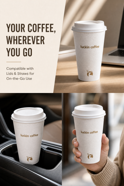 Lifestyle product showcase, 2:3 vertical ratio, strict restoration of the uploaded Luckin Coffee cup预览效果