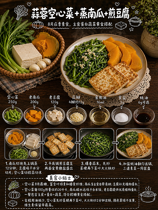 参考图的版式、构图、字体风格、手绘小图标、深木桌背景、暖光美食摄影风格完全保留，只将菜品内容替换为「蒜蓉空心菜 + 蒸南瓜 + 煎豆腐」素食三件套，整体风格真实自然，去除AI感，像真实拍摄的美食食谱海报。顶部大标题文字为「蒜蓉空心菜+蒸南瓜+煎豆腐」，副标题文字为「8月应季素食，主食蛋白蔬菜黄金搭配」，标题旁配空心菜、南瓜、豆腐、蒸锅等手绘简笔画小图标和爱心装饰，右上角点缀一小盆绿植。上半部分主视觉：深棕色木质桌面上，左侧藤编篮中放翠绿空心菜1大把、金黄老南瓜1块、老豆腐半块、蒜瓣4粒；中间是一大盘组合餐：蒜蓉空心菜（翠绿油亮撒蒜末）、蒸南瓜（金黄月牙块）、煎豆腐（两面金黄），三道菜摆盘精致，微微冒着热气；下方铺格子餐布和白色蕾丝餐垫，暖调自然光，真实食物质感，细节丰富。中间配料区：7个透明玻璃小碗横向排列，从左到右依次是：空心菜段（标注「空心菜 250g」）、南瓜块（标注「老南瓜 200g」）、老豆腐块（标注「老豆腐 120g」）、蒜末（标注「蒜瓣 4瓣约12g」）、食用油（标注「食用油 16ml」）、食盐（标注「食盐 3g」）、蚝油（标注「蚝油 6g可选」），每个小碗上方有小标签和弯曲线条指示，字体为手写体风格。下半部分做法步骤：4个方形圆角步骤图横向排列，用箭头连接，分别是：1. 南瓜切块先上锅蒸12分钟；豆腐吸干水分切片；空心菜切段蒜切末（配图：蒸南瓜+豆腐片+空心菜段）；2. 平底锅煎豆腐至两面金黄撒盐盛出（配图：锅中金黄豆腐片）；3. 爆香蒜末，先炒菜梗再下菜叶大火快炒（配图：锅中翠绿空心菜）；4. 加盐蚝油翻匀出锅，三道素菜一同装盘（配图：三道菜成品摆盘）。每个步骤下方配对应文字说明，字体清晰。最底部「美食小贴士」虚线框区域，左侧配空心菜、南瓜、豆腐手绘简笔画，右侧三条文字要点：空心菜8月最嫩，富含叶绿素和膳食纤维；南瓜当主食自带清甜；豆腐补充植物蛋白；空心菜每100g热量仅约20千卡，南瓜碳水远低于白米饭，老豆腐提供优质植物蛋白，一餐包含主食+蛋白+蔬菜，符合控糖黄金搭配；全程用油极少，空心菜先炒菜梗再下菜叶，大火快炒2分钟出锅，颜色翠绿不发黄，维生素保留率最高。整体色调温暖自然，深木色背景，真实食物摄影质感，光影柔和，无AI失真，文字排版与参考图完全一致，手写体标题+印刷体正文，层次分明。
