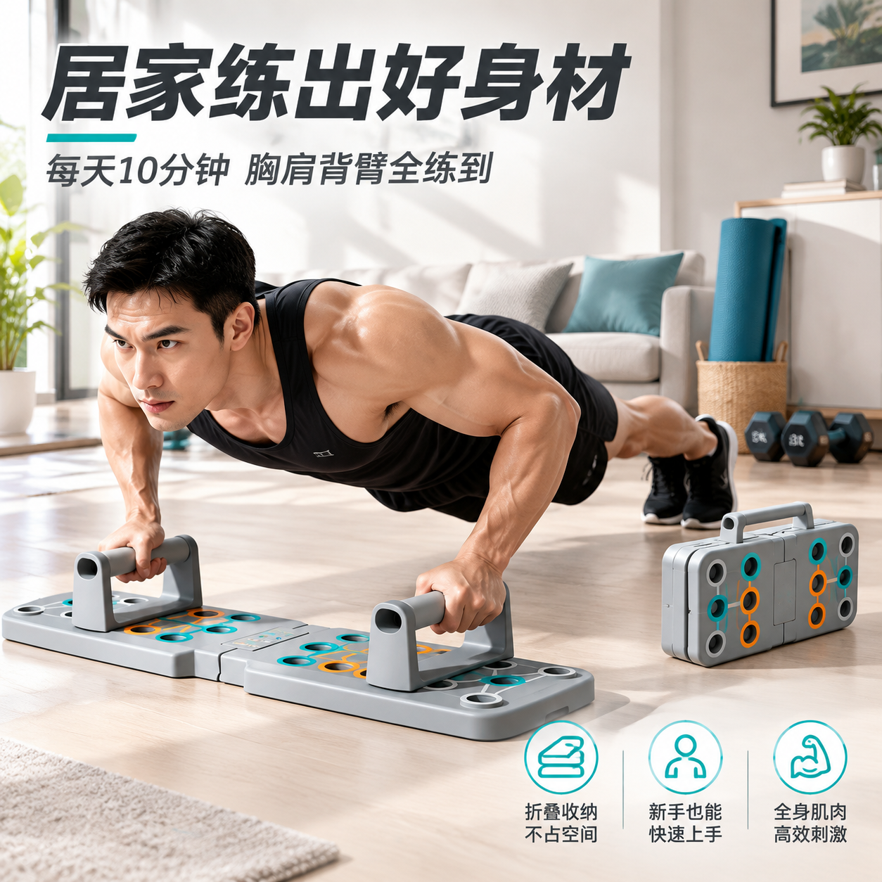 [主图-4] 使用场景与操作图，主题为居家健身真实使用场景，展… - 图片创意预览