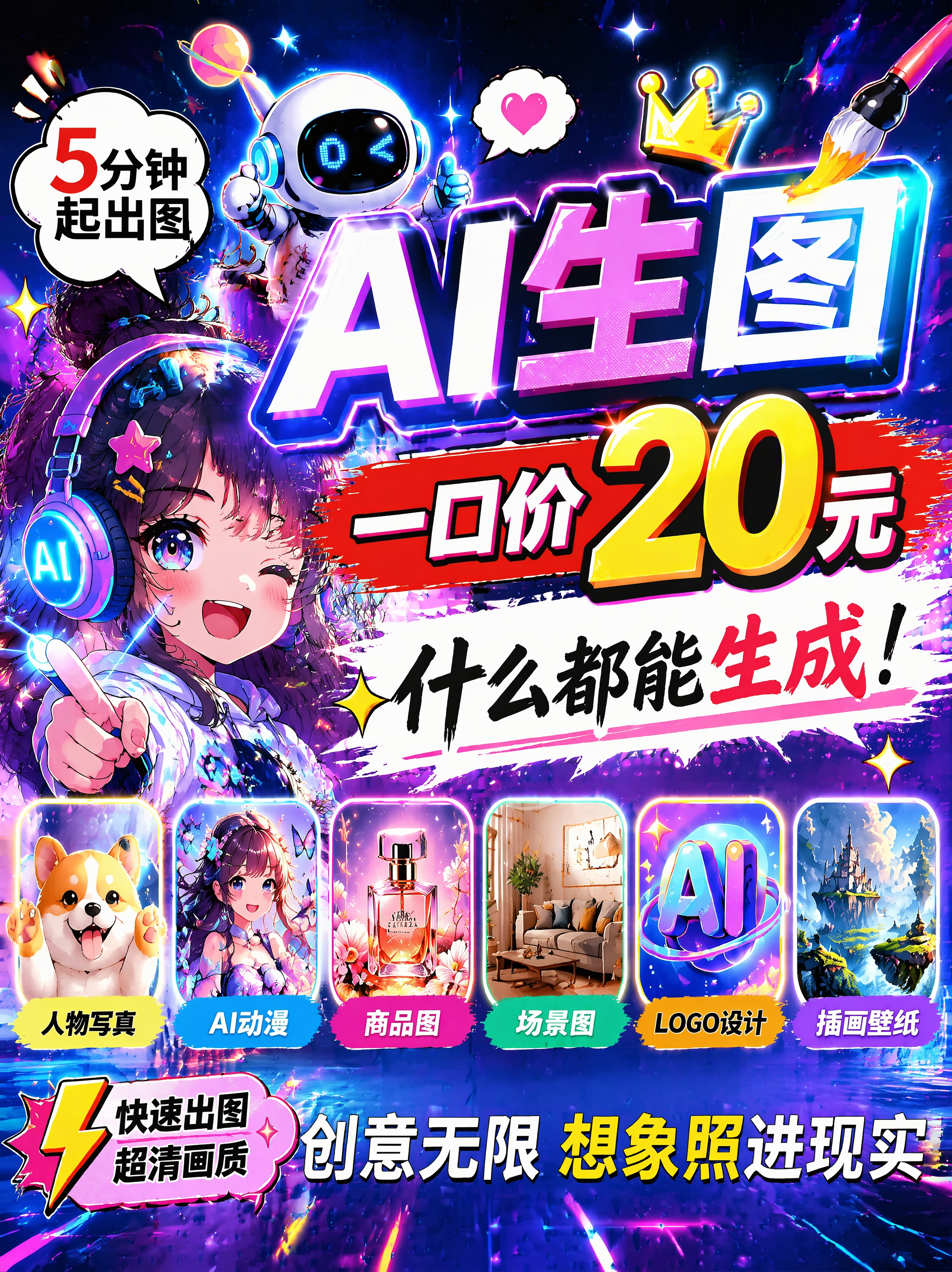 [主图-1] AI生图设计服务宣传首图。[氛围风格] 赛博朋克… - 图片创意预览