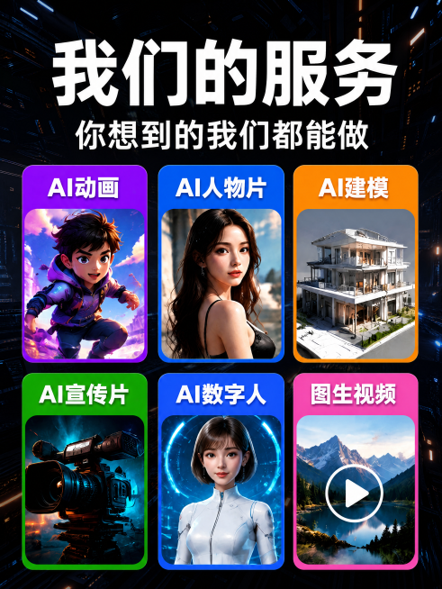 [主图-3] 我们的服务介绍页，复刻参考图2的版式和风格。[氛围风格] 炫酷暗黑科技风，大气震撼。[画质] 商业设计质感，文字清晰锐利，画面细节丰富，超高清4K。[元素] 顶部大标题我们的服务，副标题预览效果
