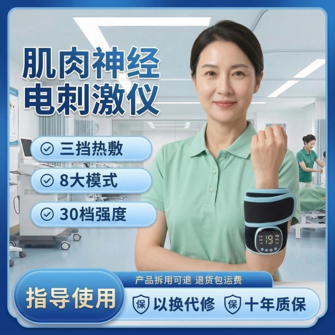 基于原图修改：保持产品（肌肉神经电刺激仪）外观完全不变，更换中年亚洲女性模特，改变为手臂伸直的肢体佩戴动作，更换背景为康复治疗室场景，保留全部卖点文字内容：肌肉神经电刺激仪 三挡热敷 8大模式 30档预览效果
