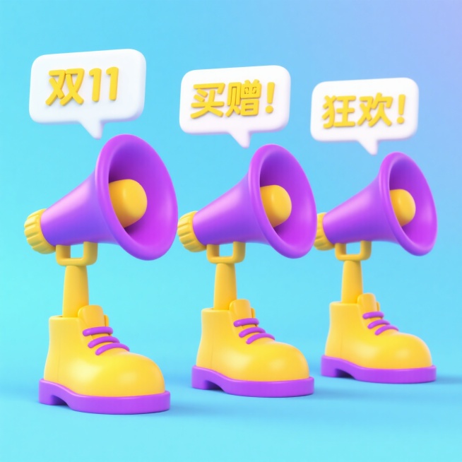 3 个紫黄配色小喇叭（主体紫色，喇叭口黄色，有紫色小腿与黄色鞋子）依次在平面上排列；每个小喇叭上方有白色对话气泡和线条，营造说话氛围，每个气泡从左至右依次是黄色的文字：“双11”“买赠”“狂欢”；每个预览效果