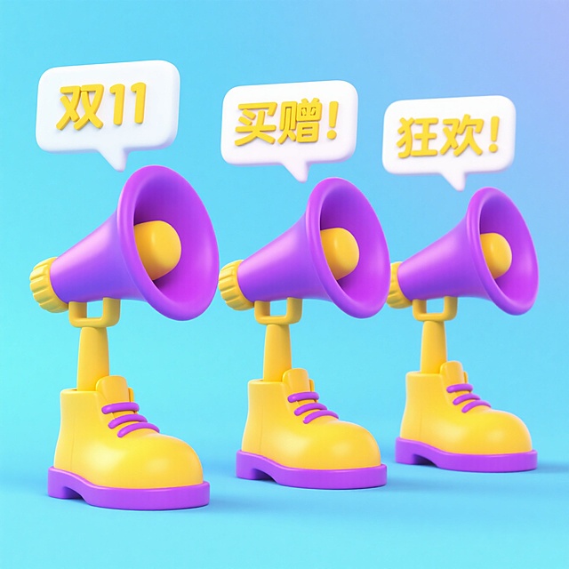 软3D风格，卡通感十足的黄色靴子与喇叭组合，搭配活泼对话框，传递双11促销狂欢氛围，充满可爱与趣味。