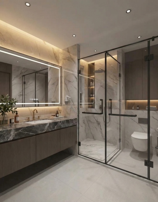 延续上传图的现代简约家装风格，设计干湿分离卫生间效果图，深色浴室柜搭配大理石台面，智能镜柜内嵌灯光，整体质感高级预览效果