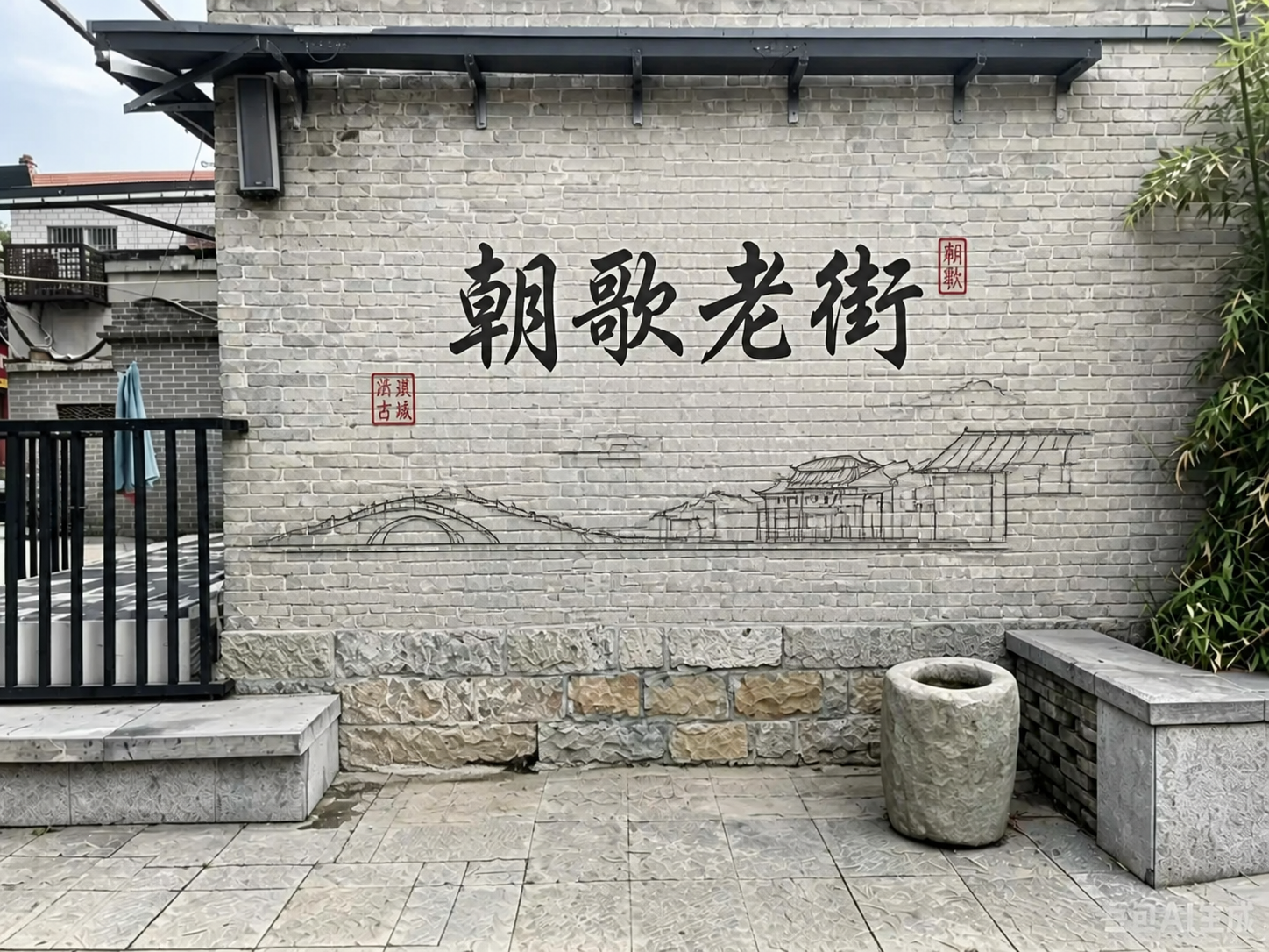 重新设计这面青砖墙上的打卡文化墙，简约风格，中间用大号醒目书法… - 图片创意预览
