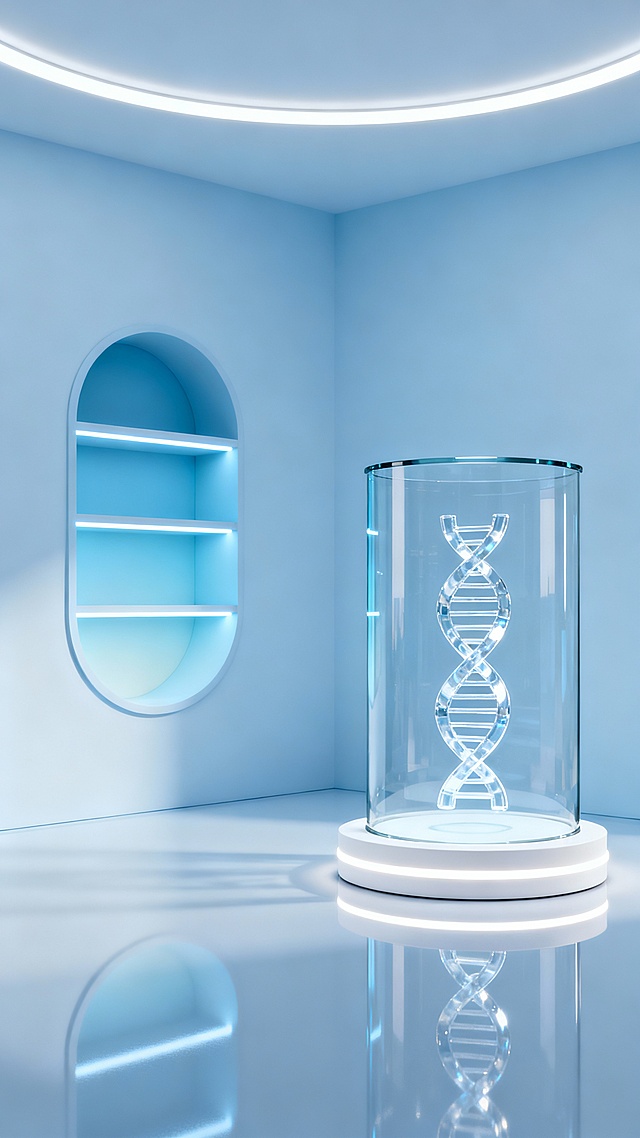 极简未来主义风格的3D渲染场景，纯净的浅蓝色调空间，顶部环绕的白色环形LED灯带提供柔和均匀的光源，地面光滑如镜反射着灯光与物体轮廓。左侧是嵌入墙面的椭圆形展示架，内部为渐变浅蓝色，三层水平搁板边缘有白色发光线条勾勒，整体呈现悬浮感与科技感。右侧是一个透明玻璃圆柱容器，底部有白色圆形底座并带有一圈发光灯带，容器中央悬浮着一个精致的透明DNA双螺旋结构模型，细节清晰可见。整个场景光影层次分明，氛围宁静、科技、洁净，具有高度的现代设计感与空间纵深感。