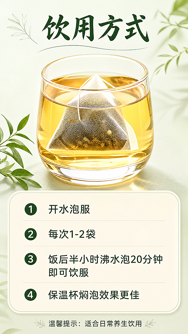 [第3屏] 饮用方式与规格说明，清热健脾祛湿茶详情页第三屏。
[氛围/风格] 延续清新自然中式养生风，浅绿米黄搭配，干净简约排版，柔和光影质感。
[元素布局] 使用图1作为产品参考，画面上方放大展示独立茶包产品，保持茶包形态和茶汤颜色与原图一致，占据上方约50%区域；下方区域放置饮用方法说明和规格信息，保留原输入文本内容：开水泡服，每次1-2袋，饭后半小时沸水泡20分钟即可饮服，保温杯焖泡效果更佳。底部可增加温馨提示，适合日常养生饮用。
[光影质感] 整体光线均匀柔和，茶汤通透，产品清晰真实，文字区域明亮干净。
[配色色系] 全局底色：#F0F5E9（浅草本绿），延续前两屏配色，文字深绿#2C5F2D，信息块浅米黄#F5F0DC，风格完全统一。
[字体版式] 沿用第一屏风格：标题温润书法字体，正文同家族无衬线，仅使用深绿一种字色，标题纯色填充。顶部大标题“饮用方式”居中，产品图下方用圆角米黄色信息框排版文字说明，分点清晰，行距宽松，确保移动端清晰可读，不遮挡产品主体。
[视角构图] 上图下文排版，上产品下说明，结构清晰，动线流畅，符合移动端阅读习惯。
[比例分辨率] 9:16竖版比例，4K分辨率，文字清晰超高清。
[负向提示词] 产品变形，文字错乱，信息遗漏，颜色偏差，背景杂乱，虚假宣传。