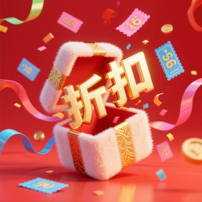 图片比例9:16，文字“折扣”在礼盒里面，从礼盒中飞出，周围彩带，漂浮在空中，有优惠券，折扣券飘扬，红色背景，元素和背景撞色。预览效果