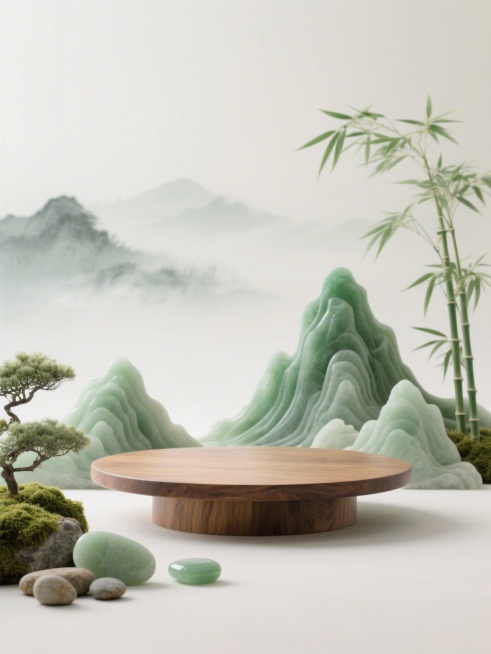 新中式美学，特写的产品展示空场景图，居中突出一个木质圆形展台的特写镜头，展台周围是立体玉雕青绿山峦、青翠竹叶、苔藓、鹅卵石、浅绿色玉石，背景是淡墨晕染的远山云雾，整体色调柔和，低饱和莫兰迪色系（浅绿、预览效果