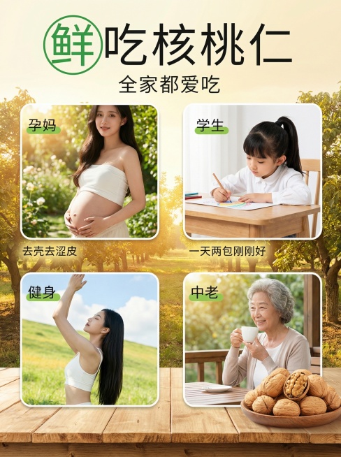 模仿参考图生成类似的“鲜吃核桃仁 全家都爱吃”宣传海报，不要和原图一模一样，更换更真实自然的背景，不要和原浅绿色背景相似。保留原标题文案和四个分区布局、人物分类及对应文字，整体排版保持一致，尺寸为75预览效果