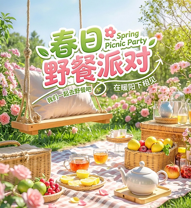 生成和参考图类似风格的春日野餐主题海报，清新明亮的春季户外场景，木秋千、野餐布、野餐篮、水果、茶饮、盛放的粉色花卉，绿色草地树林蓝天背景，搭配可爱活泼的艺术字体标题，整体温馨治愈充满春日氛围感