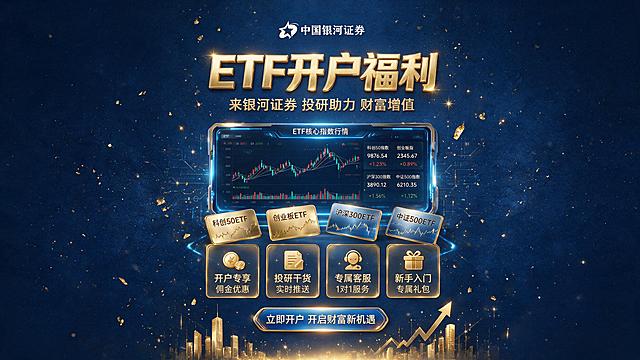 ETF开户福利来银河证券，金融证券开户宣传海报，现代商务风格，蓝色金色主色调，专业大气，ETF基金元素，证券开户福利主题，高清质感