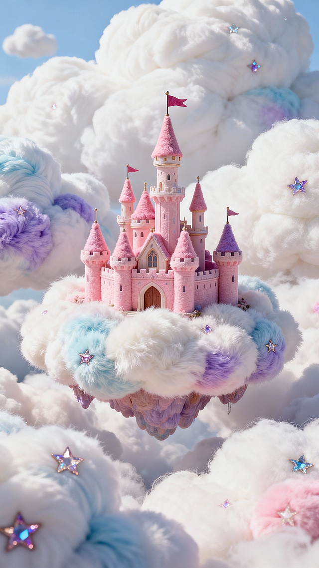 梦幻粉色城堡漂浮于毛绒云海，融合软3D与粘土风，点缀闪亮星星，营造甜蜜可爱、超现实童话氛围。