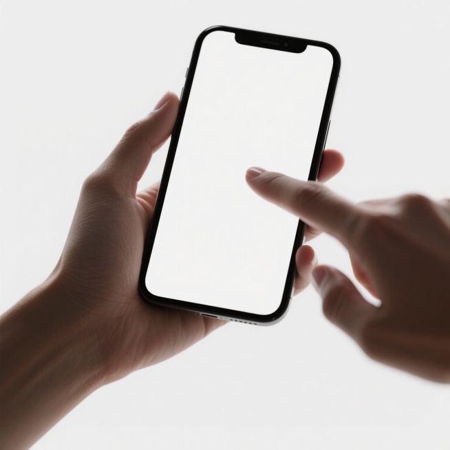 超写实风格手机操作特写，两只手握住一部黑色边框全面屏智能手机，左手托住手机底部，右手食指正轻轻点击纯白屏幕中央，手指指甲修剪整齐自然，手部皮肤纹理细腻、光影过渡柔和，光源来自画面上方形成自然高光与轻微阴影，手机边缘锐利清晰，整体构图简洁聚焦手部与手机互动，背景为纯白色突出主体，营造科技产品展示的专业、简洁氛围。预览效果