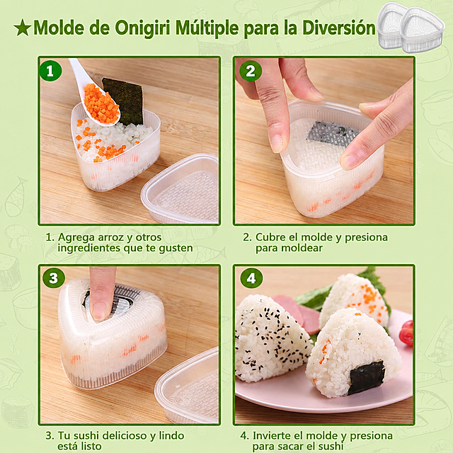 保留产品、步骤序号和图示不变，将所有英文翻译为西班牙语：★Multi Omigiri Mold for Fun -> ★Molde de Onigiri Múltiple para la Diversión，1. Add rice and other ingredients you like -> 1. Agrega arroz y otros ingredientes que te gusten，2. Cover the mold and press molding -> 2. Cubre el molde y presiona para moldear，3. Delicious and cute sushi is done -> 3. Tu sushi delicioso y lindo está listo，4. Invert the mold and press to remove the sushi -> 4. Invierte el molde y presiona para sacar el sushi，不修改产品和布局