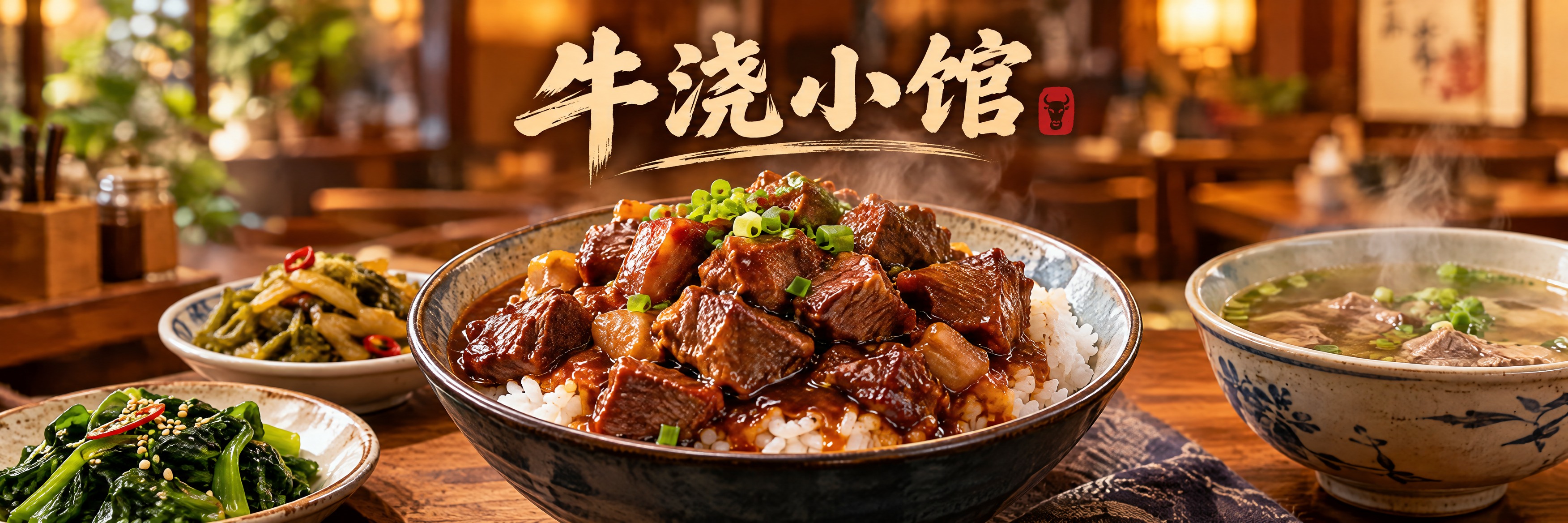 餐饮海报设计，店名"牛浇小馆"，横版长幅构图，中央是一碗丰盛的… - 图片创意预览