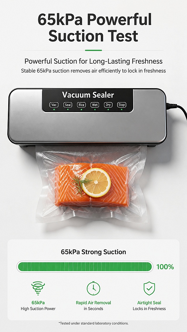 「图片1」，生成详情页，商品名称为Vacuum sealer，适配亚马逊平台，单图比例为9:16，需求屏数为8张。英文版的。
机器材质是：ABS，额定电压：110V，吸力：65kpa，SKU：1台机器+10个纹路袋（20*25cm），包装体积：40×12×6，机器重量：680g。产品外包装是这张图「图片1」。请按顺序排列好图片。