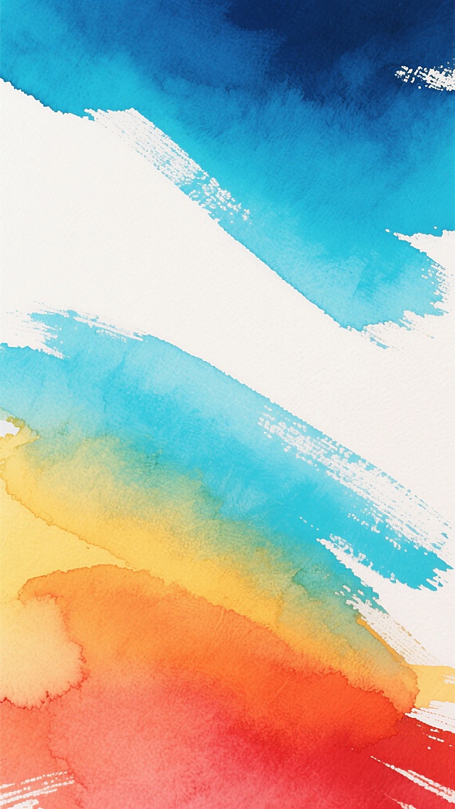 一幅色彩丰富的抽象水彩背景画，由顶部的深邃蓝色和明亮青色，通过柔和的白色过渡，逐渐向下融合为温暖的黄色、活力的橙色和热烈的红色，形成自然流畅的渐变效果。画面具有明显的水彩画笔触质感，笔触方向以从左上角向右下角的斜向为主，带有自然的纹理和轻微的飞白效果，整体风格干净明快，色彩饱和度高但不刺眼，色调和谐统一，给人一种温暖、充满活力且宁静的氛围，适合作为背景使用。