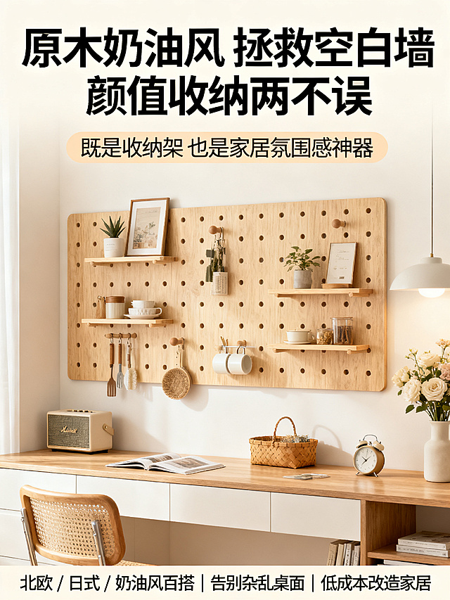 电商主图，场景展示风格适配，大字主标题"原木奶油风 拯救空白墙 颜值收纳两不误"，小字副标题"既是收纳架 也是家居氛围感神器"，卖点小字"北欧 / 日式 / 奶油风百搭 | 告别杂乱桌面 | 低成本改造家居"，展示洞洞板安装在家居墙面的实景效果，温馨美观，原木奶油风，激发购买欲，背景干净适合电商展示