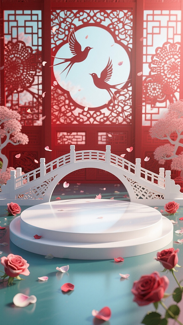 五彩斑斓的白色圆形展台，展台后面有剪纸艺术鹊桥，点缀飘洒的玫瑰花瓣，整个背景是红色剪纸艺术窗花