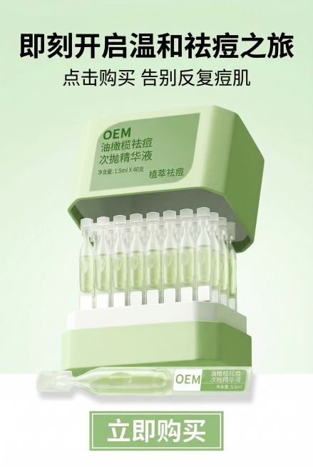 行动号召尾屏海报，严格还原上传的油橄榄植萃祛痘次抛精华液产品图，包括包装设计、颜色、LOGO位置、文字内容、图案元素等所有细节，产品规格1.5ml×40支，单支净含量1.5ml，产品整体居中突出展示，预览效果
