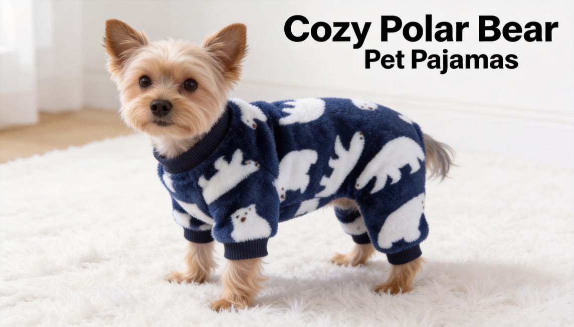 A cute small dog wearing this dark blue plush jumpsuit with white polar bear patterns, standing on a预览效果