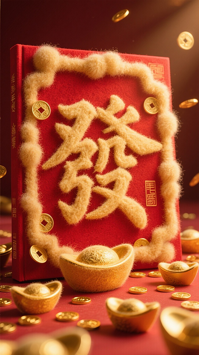 国风风格，一个巨大的金色立体光晕“發”字，以中国书法形式呈现，在光滑的红色漆面上，周围簇拥着毛绒绒的金元宝，散落着金币，侧方有暖光照射，营造出奢华喜庆的氛围
