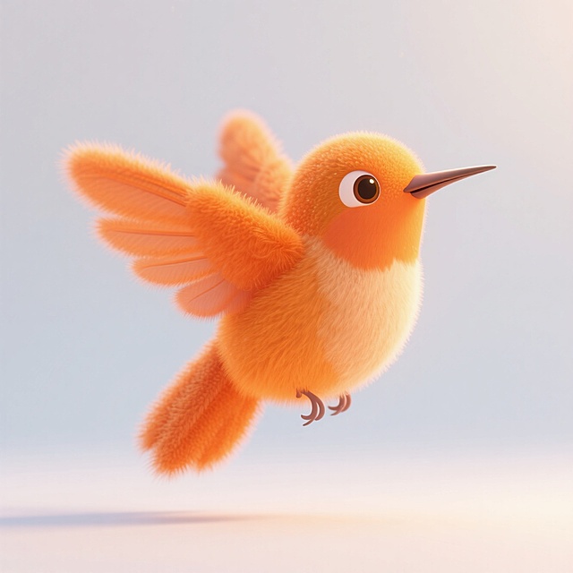 3D卡通风格，拟人化小鸟展翅飞翔，毛发生长效果增添可爱感。