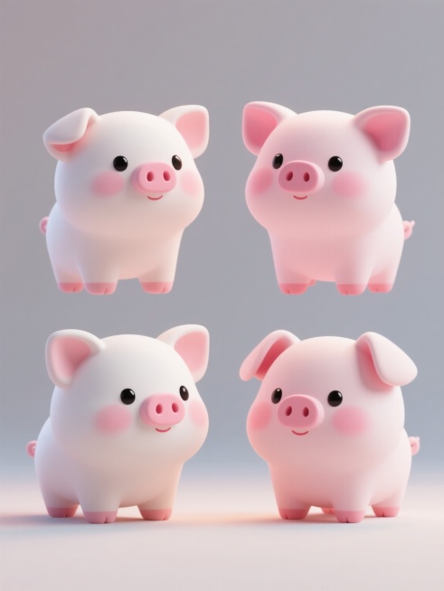 3D渲染风格，简约现代设计，四只不同造型的可爱小猪，每只猪保持圆润饱满的体型、粉白渐变的柔和肤色、大大的粉色耳朵、黑豆般的圆眼睛、小巧的粉色鼻子和脸颊红晕，采用统一的正面或微侧站姿，纯色背景，柔和的顶部光源，清晰的边缘高光和底部阴影，整体呈现光滑细腻的塑胶质感，四只小猪呈规整的田字格排布，无文字、无logo、无水印，画面简洁明快，充满治愈感。预览效果