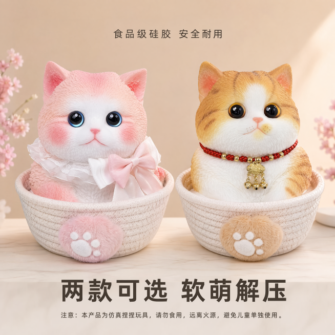 [主图-5] 仿真猫捏捏双款式合集展示，促进下单转化。
[氛围风格] 整齐可爱的展示风格，干净明亮。
[画质] 商业摄影质感，清晰明亮。
[元素] 粉白款和橘白款两个仿真猫捏捏并排居中展示，保持两个产预览效果