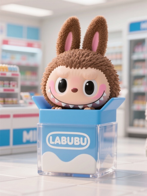 它在蓝色牛奶纸盒里，牛奶盒正面是透明的，LABUBU的头探出牛奶盒边缘，背景是便利店内景预览效果