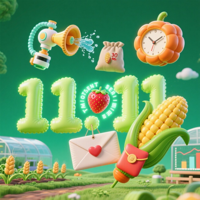 主体 “11・11” 是发光的植物纤维字体，装饰有会喷水的南瓜喇叭、机械胡萝卜时钟、种子袋造型信封，爱心是发光的草莓，数据图表是农田里的全息作物生长图，折扣标识是写在玉米叶上的字样。背景是翠绿的未来农预览效果