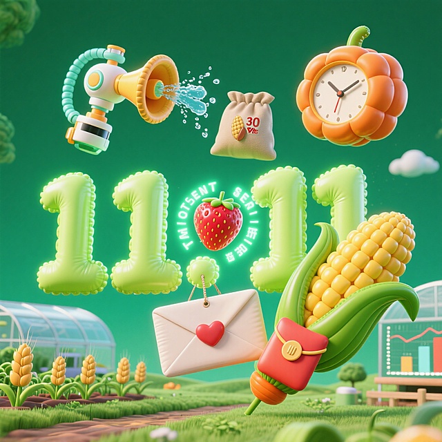绿色充气 “1111” 数字，搭配农具、果蔬等，营造双 11 农场风促销狂欢氛围