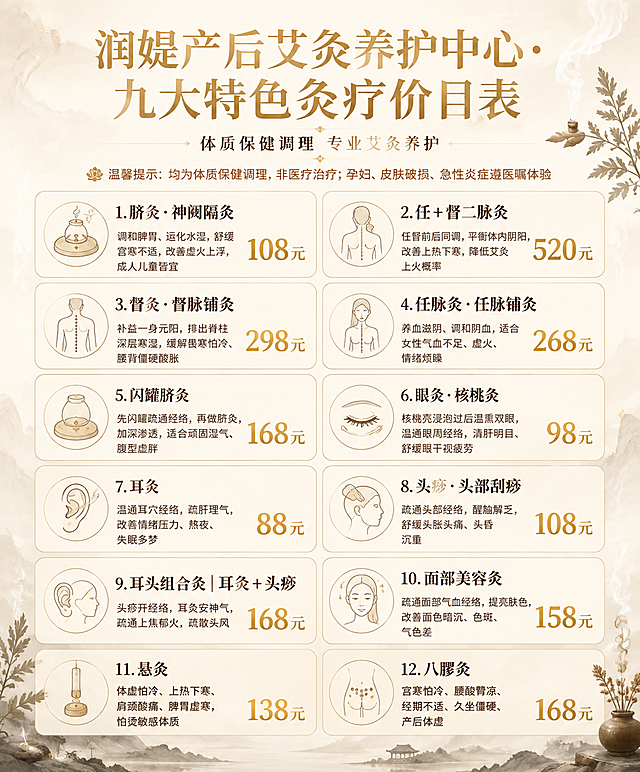 一张竖版艾灸养护中心价目表海报，比例5:6，新中式禅意风格，奶油米白底色配暖棕色和金色点缀，整体温馨高级。顶部居中大标题"润媞产后艾灸养护中心·九大特色灸疗价目表"，字体优雅宋体，金色字。标题下方小字副标题"体质保健调理 专业艾灸养护"。再下方一行温馨提示小字："温馨提示：均为体质保健调理，非医疗治疗；孕妇、皮肤破损、急性炎症遵医嘱体验"。中部为12个艾灸项目的网格卡片布局，2列6行排列，每个项目一个圆角浅米色卡片，卡片左侧配对应项目的简约线描小插图（艾灸、经络、眼部、耳部、头部、面部、闪罐、脊柱等不同图标），右侧为项目名称和价格。项目名称深棕色加粗，价格金色大号数字右对齐。项目列表如下：1."脐灸·神阙隔灸" 功效小字：调和脾胃、运化水湿，舒缓宫寒不适，改善虚火上浮，成人儿童皆宜 价格"108元"；2."任+督二脉灸" 功效小字：任督前后同调，平衡体内阴阳，改善上热下寒，降低艾灸上火概率 价格"520元"；3."督灸·督脉铺灸" 功效小字：补益一身元阳，排出脊柱深层寒湿，缓解畏寒怕冷、腰背僵硬酸胀 价格"298元"；4."任脉灸·任脉铺灸" 功效小字：养血滋阴、调和阴血，适合女性气血不足、虚火、情绪烦躁 价格"268元"；5."闪罐脐灸" 功效小字：先闪罐疏通经络，再做脐灸，加深渗透，适合顽固湿气、腹型虚胖 价格"168元"；6."眼灸·核桃灸" 功效小字：核桃壳浸泡过后温熏双眼，温通眼周经络，清肝明目、舒缓眼干视疲劳 价格"98元"；7."耳灸" 功效小字：温通耳穴经络，疏肝理气，改善情绪压力、熬夜、失眠多梦 价格"88元"；8."头痧·头部刮痧" 功效小字：疏通头部经络，醒脑解乏，舒缓头胀头痛、头昏沉重 价格"108元"；9."耳头组合灸｜耳灸+头痧" 功效小字：头痧开经络，耳灸安神气，疏通上焦郁火，疏散头风 价格"168元"；10."面部美容灸" 功效小字：疏通面部气血经络，提亮肤色，改善面色暗沉、色斑、气色差 价格"158元"；11."悬灸" 功效小字：体虚怕冷、上热下寒、肩颈酸痛、脾胃虚寒，怕烫敏感体质 价格"138元"；12."八髎灸" 功效小字：宫寒怕冷、腰酸臀凉、经期不适、久坐僵硬、产后体虚 价格"168元"。背景有淡淡的艾叶、烟雾、水墨山水纹理装饰，整体氛围温暖宁静，新中式禅意美学。画面中所有数字必须精确渲染，不得错位遗漏编造。画面中不得出现任何二维码。画面中所有信息区域、项目卡片、价格区域必须填充完整合理的内容，不得出现空白框、空白占位、横线待填写区域、空列表项、空单元格。版式精美，信息清晰易读。