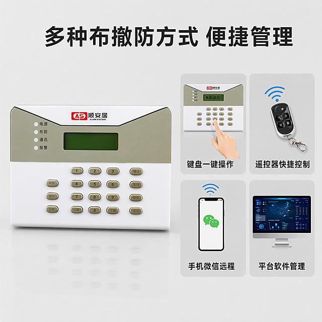 「图片1」，生成一套主图（5张），商品名称是xxx，卖点是xxx，适配淘宝/天猫平台，主图比例为1:1
名称：键盘一体式网络报警主机
产品特点：
主机集键盘一体化设计，消费级外观，专业级性能，商业级管理。
中文液晶操作键盘，菜单式编程，人机交互界面，查询主机状态、报警信息全中文显示。
12V DC供电，4个防区输入接口（双电阻可扩展8个有线防区）。
可设置1组编程密码和1组用户密码，6位数字均可按需设置。
支持50个无线防区和8个遥控器。
多种联动输出方式：提供干接点信号和湿接点信号，可布防联动、报警联动、软件联动。
多种布/撤防方式：键盘一键布/撤防、遥控器布/撤防、手机微信布/撤防、软件布/撤防。
自动分配本机IP，警情通过TCP/IP有线网络上报到中心软件平台。
简单易用，在键盘上长按“报警”键3秒可一键报警。
支持远程在线升级，以确保主机程序处于最新状态。
功能简介
主机集键盘一体化设计，消费级外观，专业级性能，商业级管理；
中文液晶操作键盘，菜单式编程，人机交互界面，查询主机状态、报警信息全中文显示；
12V DC供电，4个防区输入接口（双电阻可扩展8个有线防区）；
多种联动输出方式：提供干接点信号和湿接点信号，可布防联动、报警联动、软件联动；
多种布/撤防方式：键盘一键布/撤防、遥控器布/撤防、手机微信布/撤防、软件布/撤防；
自动分配本机IP，警情通过TCP/IP有线网络上报到中心软件平台；
简单易用，在键盘上长按“报警”键3秒可一键报警；
支持远程在线升级，以确保主机程序处于最新状态。
供  电 电 源：直流12V DC       静态消耗电流：≤80mA
警  号 输 出：≤600mA, 12V     输  出 电 压：DC12V
无线接收频率：315MHz/433MHz    环  境 温 度：-10 ～ 55°C
环  境 湿 度：40% ～ 70%       产品外观尺寸：长17*宽12.5*高2.8cm