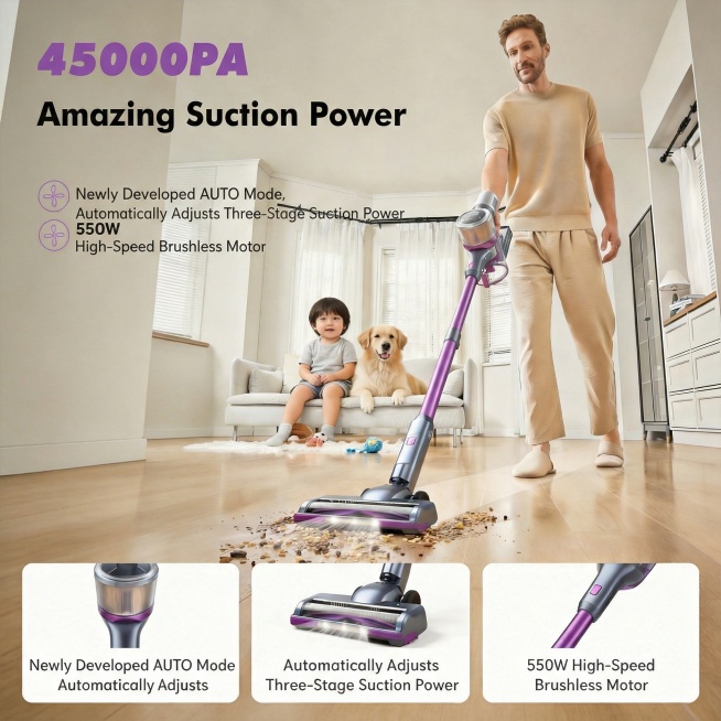 将图片上方的“Amazing Suction Power”“Newly Developed AUTO Mode, Automatically Adjusts Three-Stage Suction P预览效果