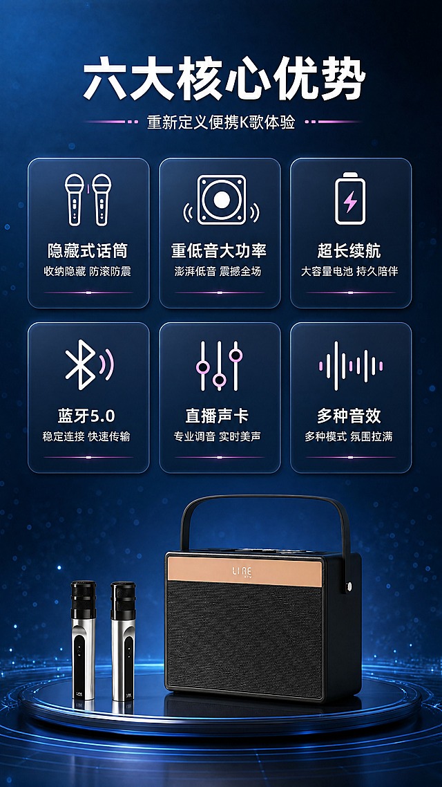 [商品] 使用【图1】闻歌W500便携式K歌音响一体机；保留黑色方形主体、香槟金色装饰条、顶部提手、正面网罩、双无线话筒的完整结构、颜色、材质和比例。
[画面] 目标：§3核心卖点总览，6大核心卖点卡片建立整体认知。构图：顶部标题区，中部6个卖点卡片分2行3列排列，底部放产品小图。产品位于画面底部居中，占画面约25%。背景：深蓝渐变+科技感光点，卡片用深色半透明底板。
[视觉] 套系策略：风格=科技轻奢3D商业渲染；标题字=现代无衬线粗体大字；正文字=简洁无衬线体；主色=深蓝藏青色；背景延展=基于深蓝做深浅渐变、光点粒子和细腻磨砂质感；强调色=香槟金+紫粉色，仅用于小面积图标和标签；标题色=白色；正文色=浅灰白色；组件=圆角深色卡片、白色线性图标、紫粉渐变装饰线；光影=均匀柔光，卡片有轻微悬浮感。
[文字] 顶部主标题："六大核心优势"（白色大字），副标题："重新定义便携K歌体验"（浅灰小字）。6个卖点卡片（每行3个）：1.隐藏式话筒 2.重低音大功率 3.超长续航 4.蓝牙5.0 5.直播声卡 6.多种音效。每个卡片配白色线性图标+标题+1行短说明。文字均横排，清晰可读。
[规格] 图片比例9:16竖版，4K分辨率，负向提示：避免变形、错字、文字过小、产品颜色改变、结构失真、竖排文字、绝对化用语。