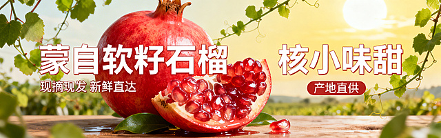 云南蒙自软籽石榴电商Banner轮播图，饱满圆润的红皮石榴，切开露出晶莹籽粒，背景自然田园风，突出软籽多汁，文字：'蒙自软籽石榴 核小味甜'，设计新鲜喜庆符合电商风格