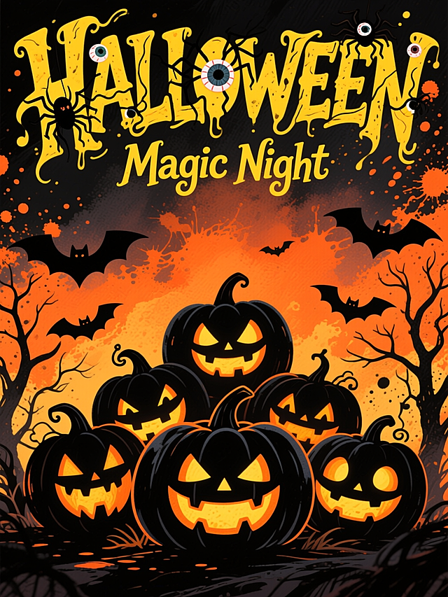 水彩质感的暗黑卡通风格万圣节活动海报，背景为黑橙渐变，融合泼墨感的橙色纹理营造神秘氛围；顶部设置扭曲夸张的黄色 “HALLOWEEN” 艺术字，字母间点缀黑色蜘蛛、眼球装饰增强节日趣味；中间搭配黄色“Magic Night”；画面中心汇聚多只黑色剪影南瓜灯，内部透出橙黄色光亮且表情各异；周围穿插黑色蝙蝠、枯树枝剪影丰富细节。