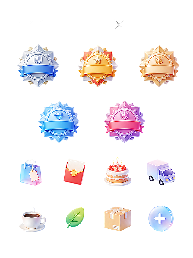 去除图片中的白色背景，去除所有文字（包括'AIGC'、'图标'、'ICON GENERATION'、各会员名称、各权益名称、小红书水印等所有文字），只保留所有图标图形元素，输出透明背景的PNG格式，保持图标原有的3D质感、颜色、形状和相对位置不变，边缘干净清晰