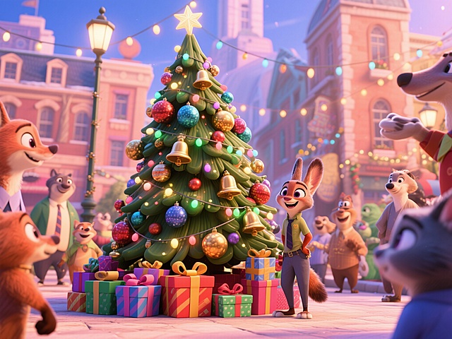 软3D风格的卡通场景，拟人化动物欢聚圣诞树下，暖色调灯光营造温馨喜庆氛围，油画质感增强节日浪漫感。